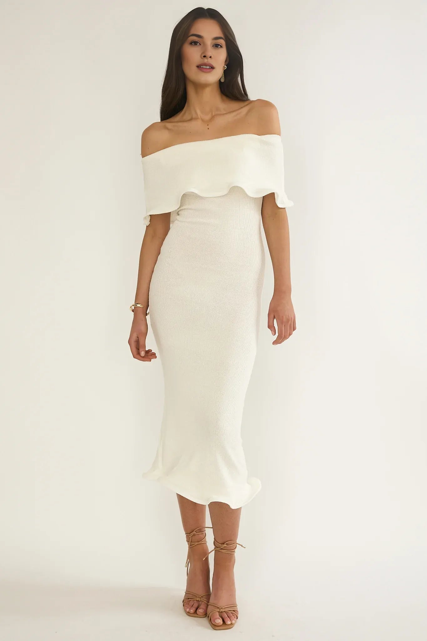 Elegant Off-Shoulder Short Sleeves Lettuce Edge Ivory Midi Evening Dress