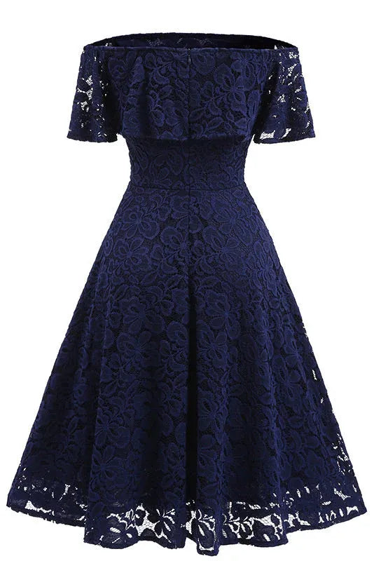 Elegant A-Line Off-the-Shoulder Ruffle Lace Navy Blue Short Homecoming Dress