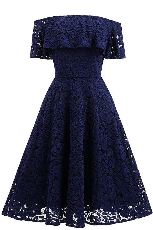 Elegant A-Line Off-the-Shoulder Ruffle Lace Navy Blue Short Homecoming Dress