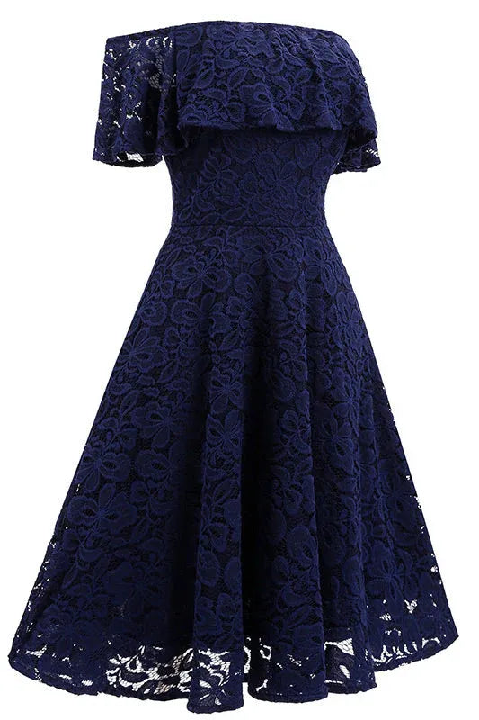 Elegant A-Line Off-the-Shoulder Ruffle Lace Navy Blue Short Homecoming Dress