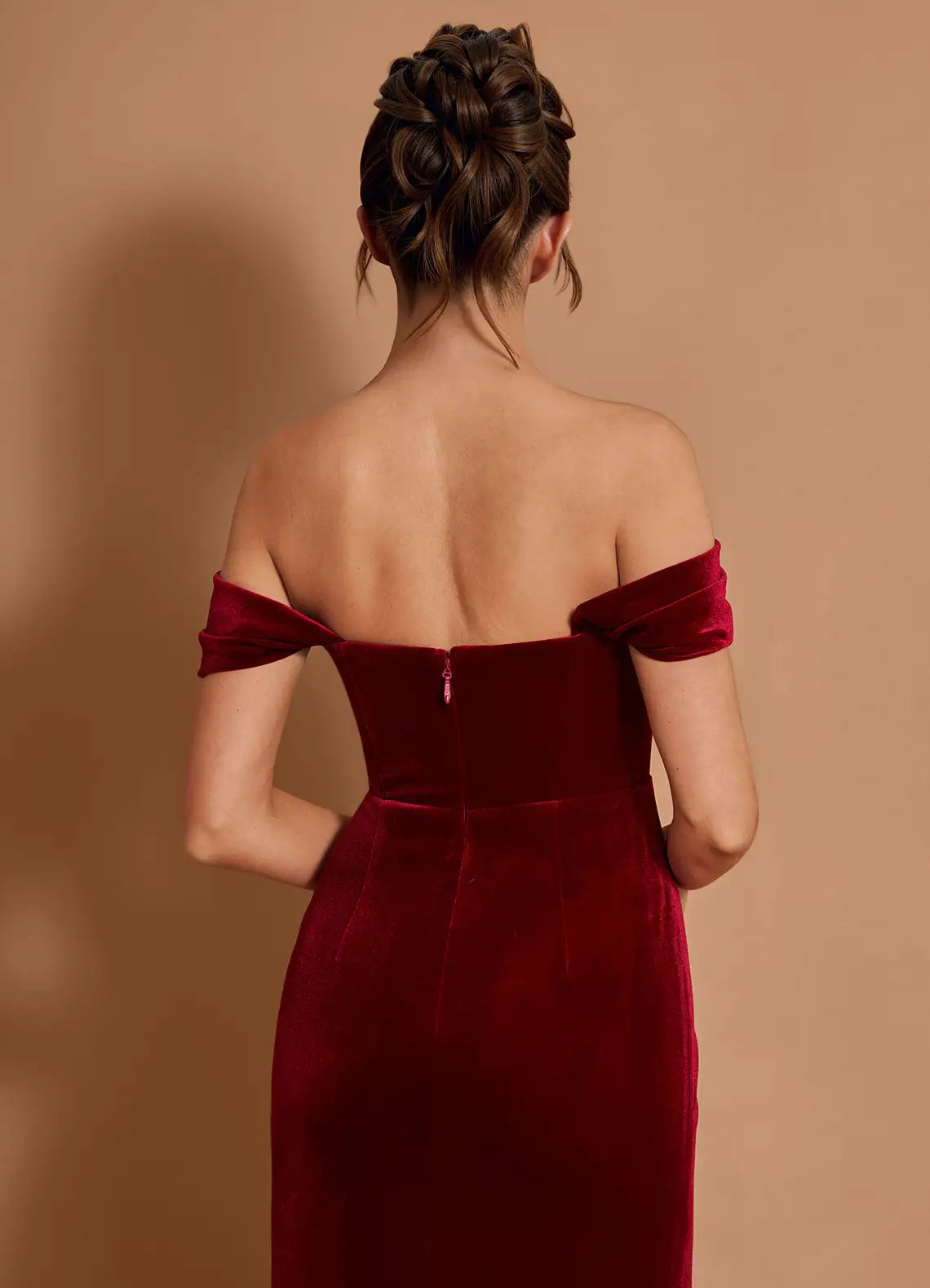 Elegant Off-the-Shoulder Pleated Velvet Wine Maxi Evening Dress With Slit