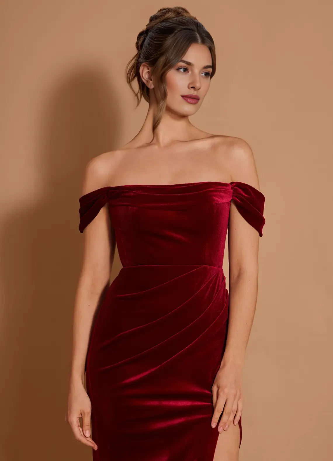 Elegant Off-the-Shoulder Pleated Velvet Wine Maxi Evening Dress With Slit