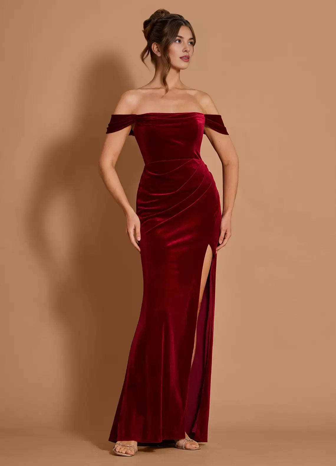 Elegant Off-the-Shoulder Pleated Velvet Wine Maxi Evening Dress With Slit