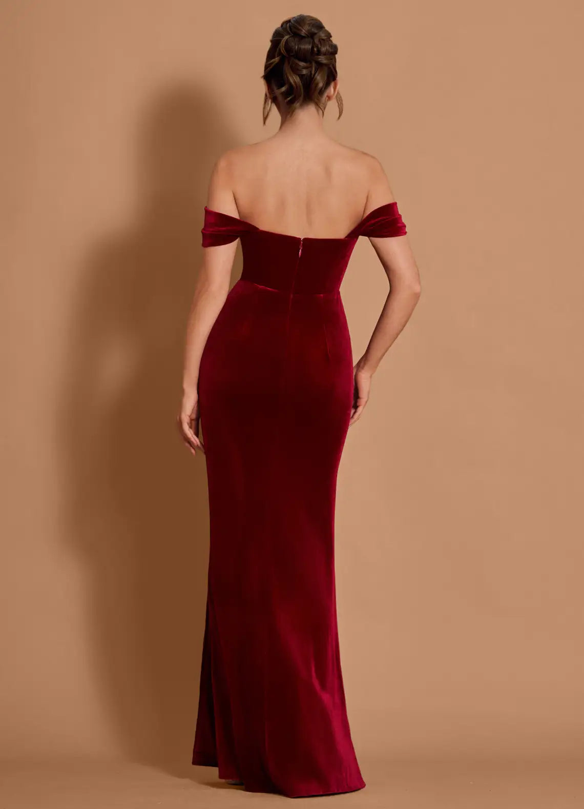 Elegant Off-the-Shoulder Pleated Velvet Wine Maxi Evening Dress With Slit