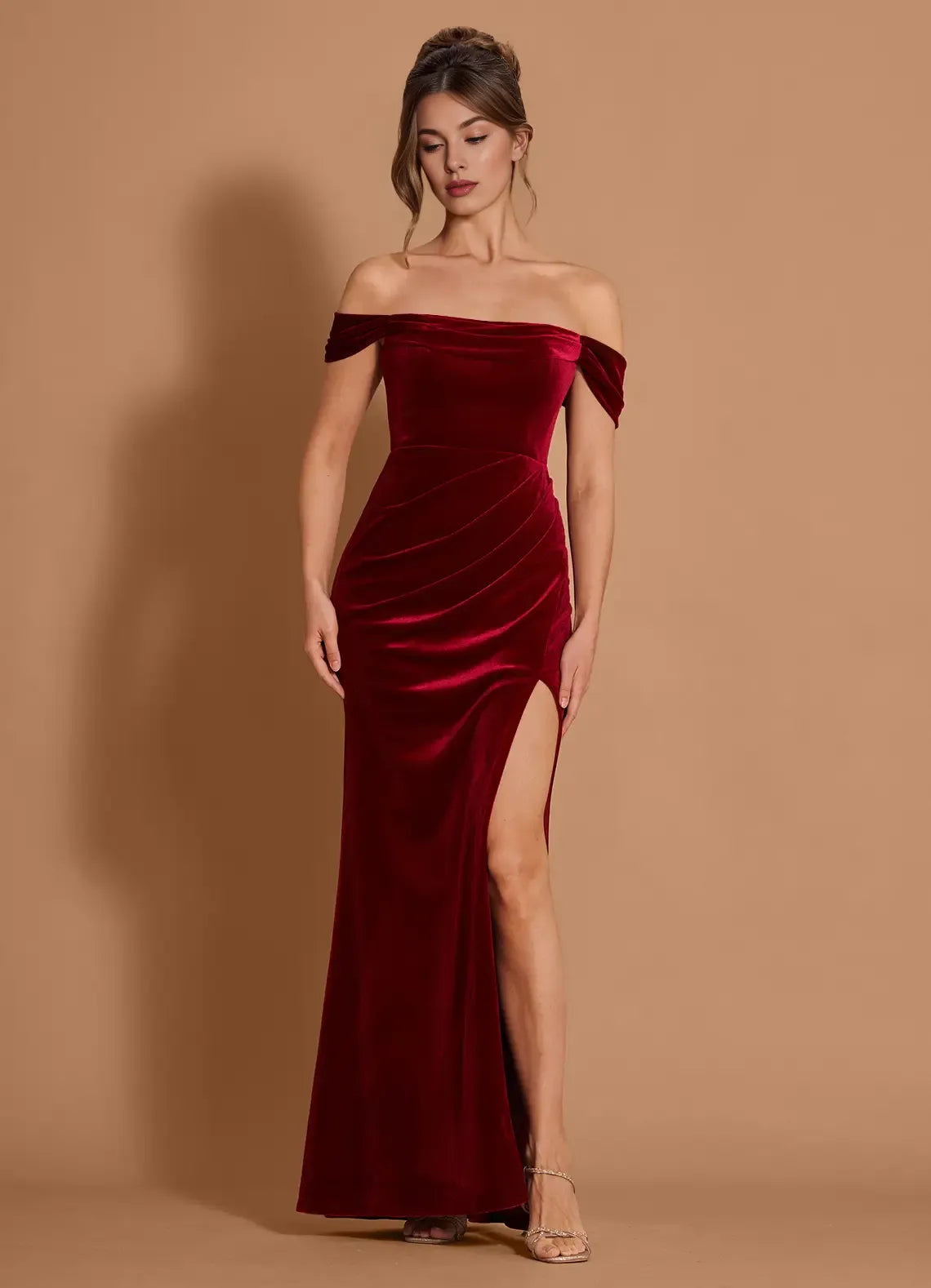 Elegant Off-the-Shoulder Pleated Velvet Wine Maxi Evening Dress With Slit