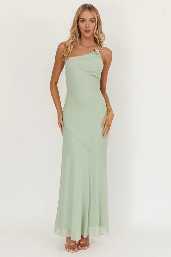 Elegant One-Shoulder Buckle Zipper Mint Maxi Homecoming Dress Prom Dress