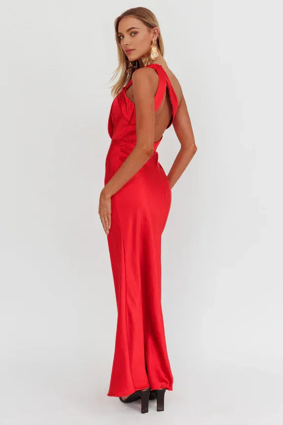 Elegant One Shoulder Open Back Satin Red Maxi Homecoming Dress Prom Dress