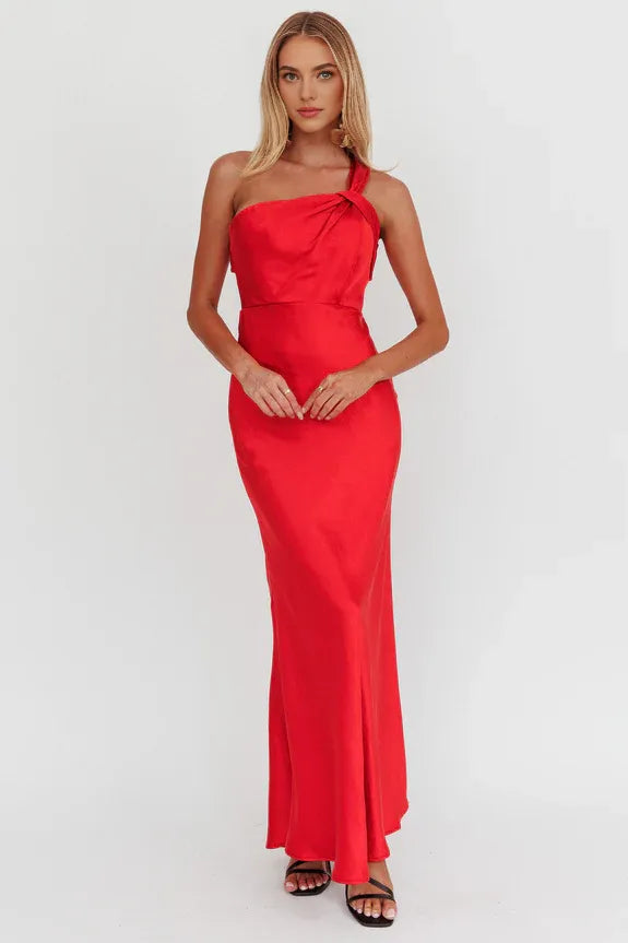 Elegant One Shoulder Open Back Satin Red Maxi Homecoming Dress Prom Dress