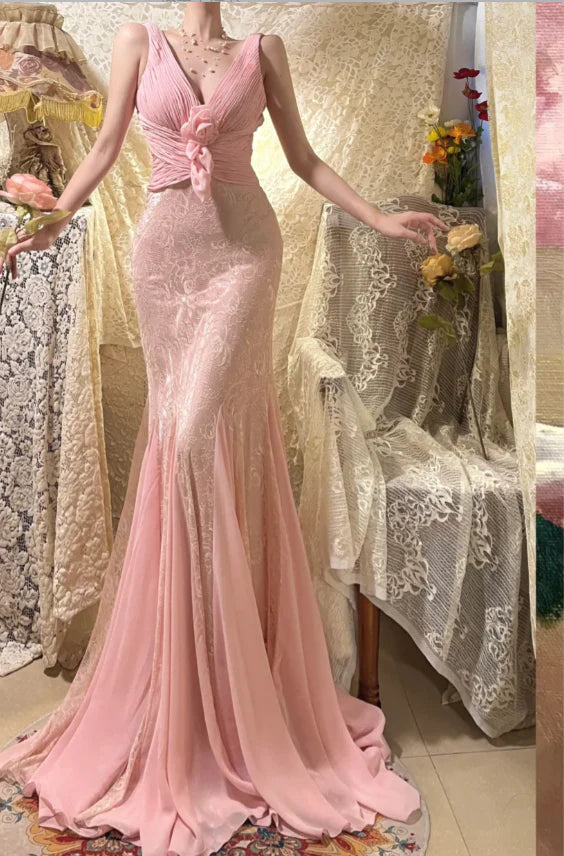 Elegant Pink Chiffon Floral Lace Strap Pleated V-neck Rose Evening Dress Prom Dress With Train