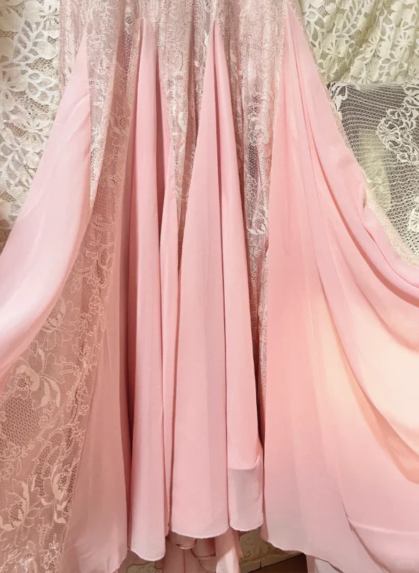 Elegant Pink Chiffon Floral Lace Strap Pleated V-neck Rose Evening Dress Prom Dress With Train