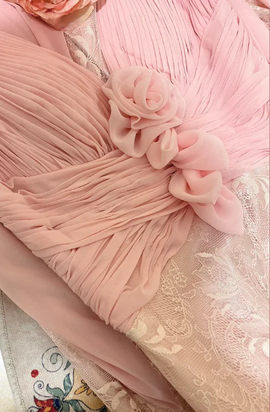 Elegant Pink Chiffon Floral Lace Strap Pleated V-neck Rose Evening Dress Prom Dress With Train