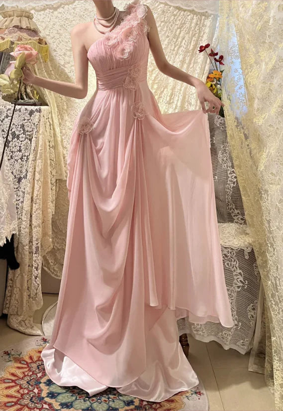Elegant Pink Chiffon Off-shoulder 3D Flower Pleated Long Evening Dress Prom Dress With Sweep Train