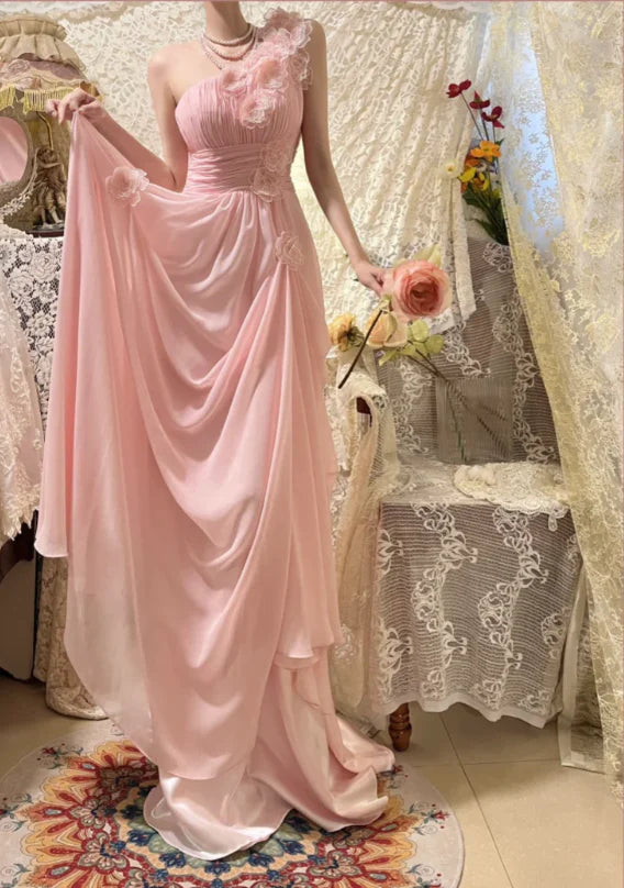Elegant Pink Chiffon Off-shoulder 3D Flower Pleated Long Evening Dress Prom Dress With Sweep Train