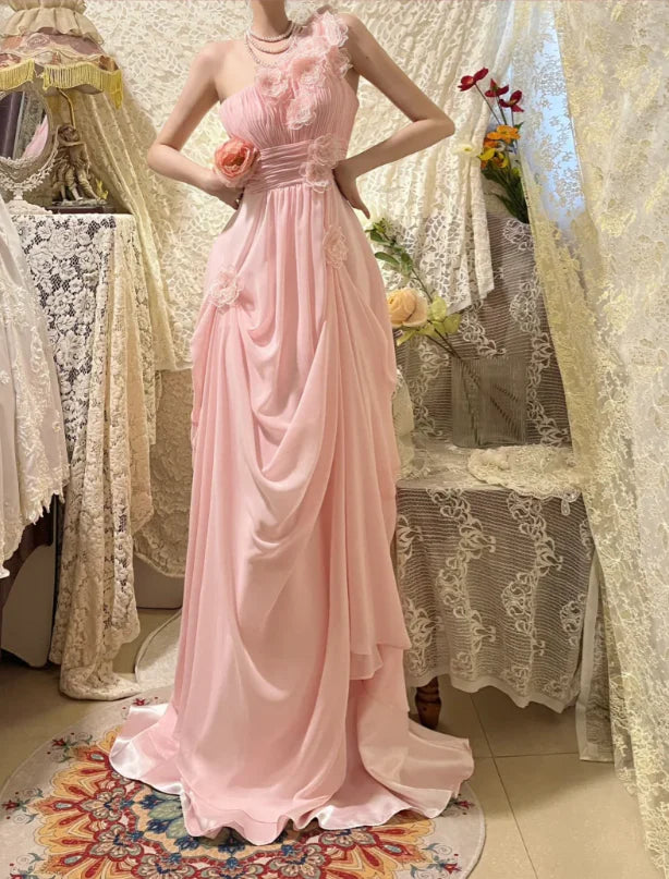Elegant Pink Chiffon Off-shoulder 3D Flower Pleated Long Evening Dress Prom Dress With Sweep Train
