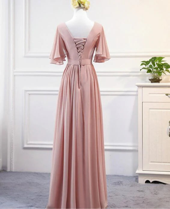 Elegant Pink Chiffon V Neck Cap Sleeves Bridesmaid Dresses Long Formal Prom Gown