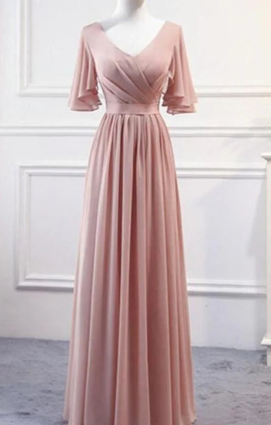 Elegant Pink Chiffon V Neck Cap Sleeves Bridesmaid Dresses Long Formal Prom Gown