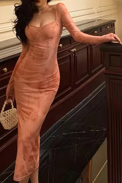 Elegant Pink Lace Sheath Square Neckline Long Sleeves Date Evening Dress Long Prom Dresses