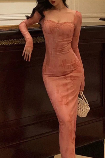 Elegant Pink Lace Sheath Square Neckline Long Sleeves Date Evening Dress Long Prom Dresses