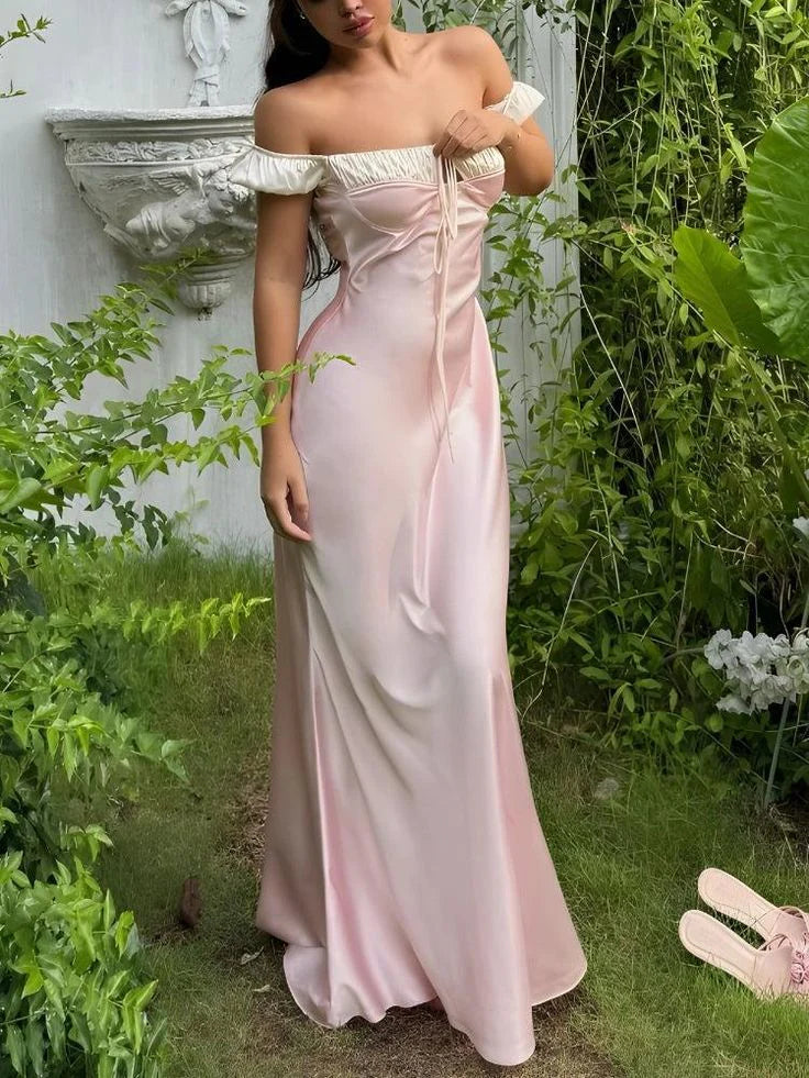 Elegant Pink Satin Ruched Strapless Charming Full Length Evening Dress Pink Prom Dress