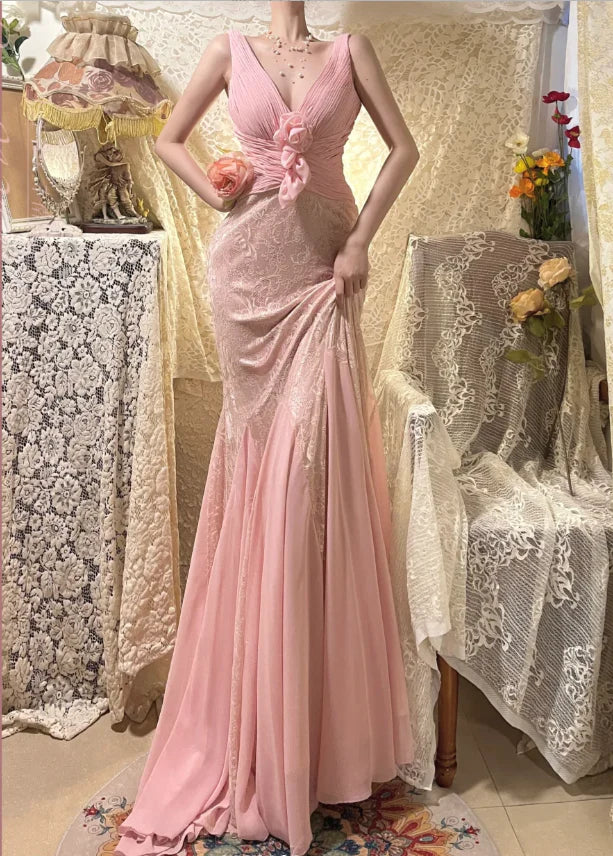 Elegant Pink Strap Chiffon Lace Rose Flowers Flowers V-neck Floor Length Prom Dress