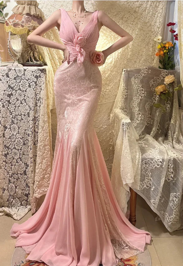 Elegant Pink Strap Chiffon Lace Rose Flowers Flowers V-neck Floor Length Prom Dress