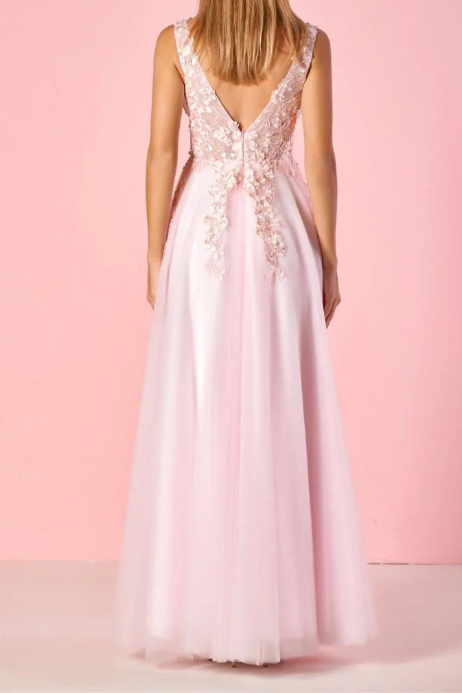 Elegant Pink Tulle Lace With Appliques V-Neck A-line Floor-Length Prom Dress Pink Evening Dress