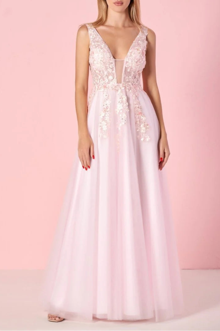 Elegant Pink Tulle Lace With Appliques V-Neck A-line Floor-Length Prom Dress Pink Evening Dress