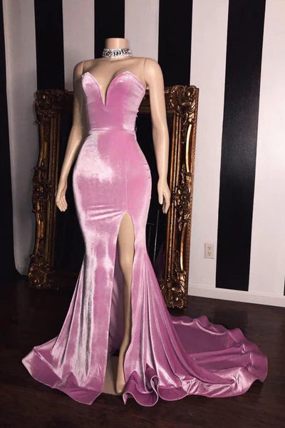 Elegant Pink Velvet Sweetheart Neck Prom Dresses Side Slit Mermaid Long Evening Gowns