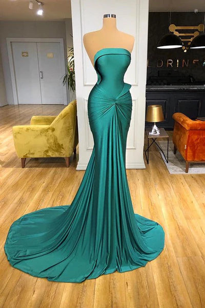 Elegant Pleated Strapless Long Mermaid Evening Dress With Sweep Train Elegant Prom Dress