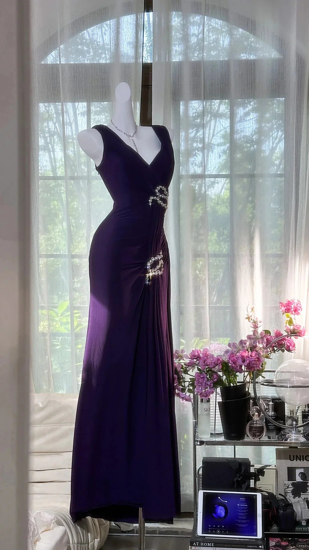 Elegant Purple Chiffon With Beaded V Neck Strapless Long Prom Dress Purple Evening Dress