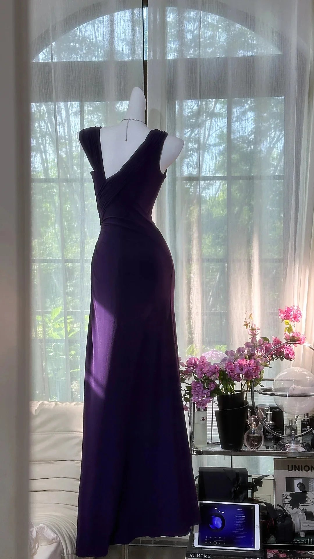 Elegant Purple Chiffon With Beaded V Neck Strapless Long Prom Dress Purple Evening Dress