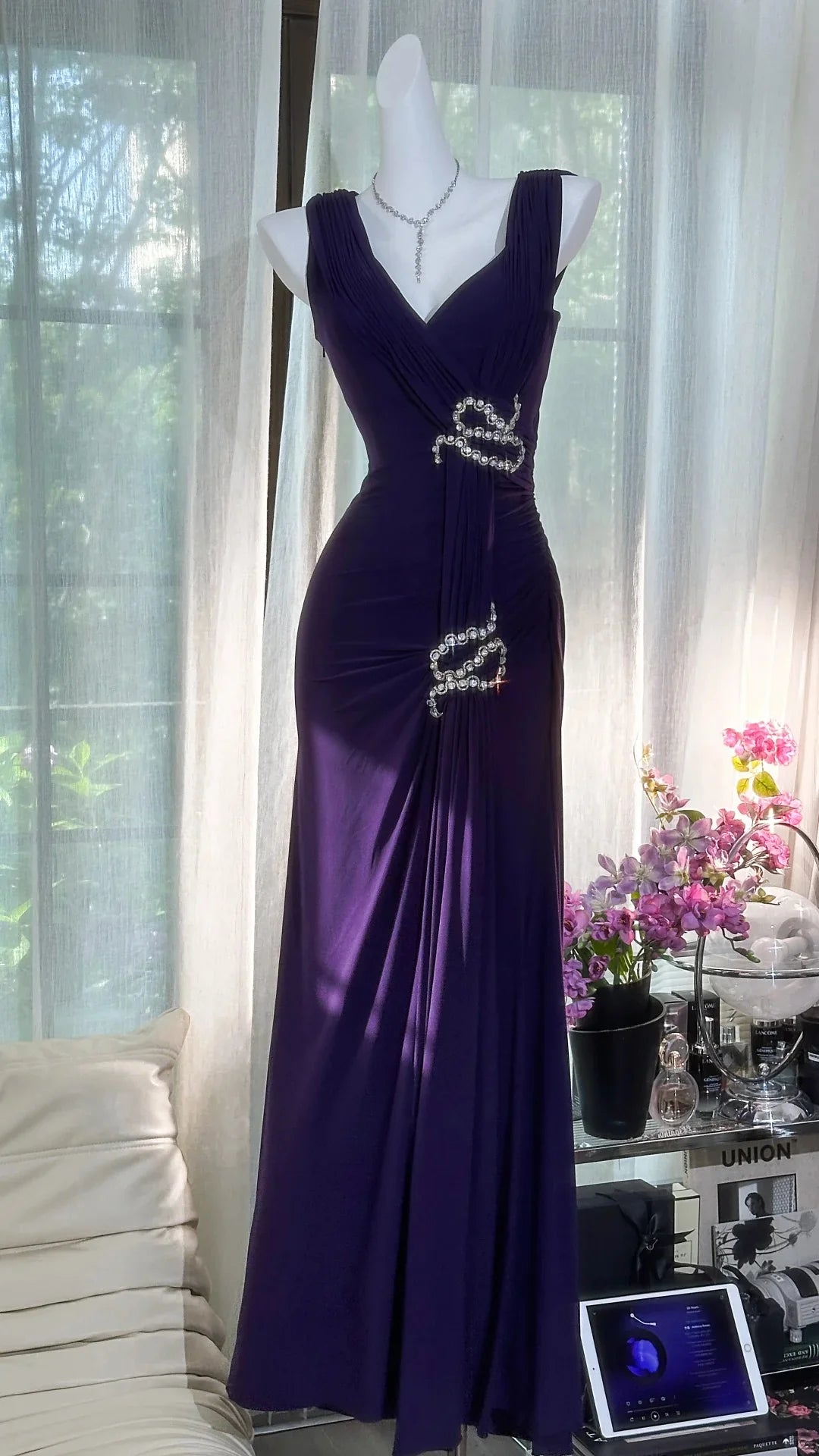 Elegant Purple Chiffon With Beaded V Neck Strapless Long Prom Dress Purple Evening Dress