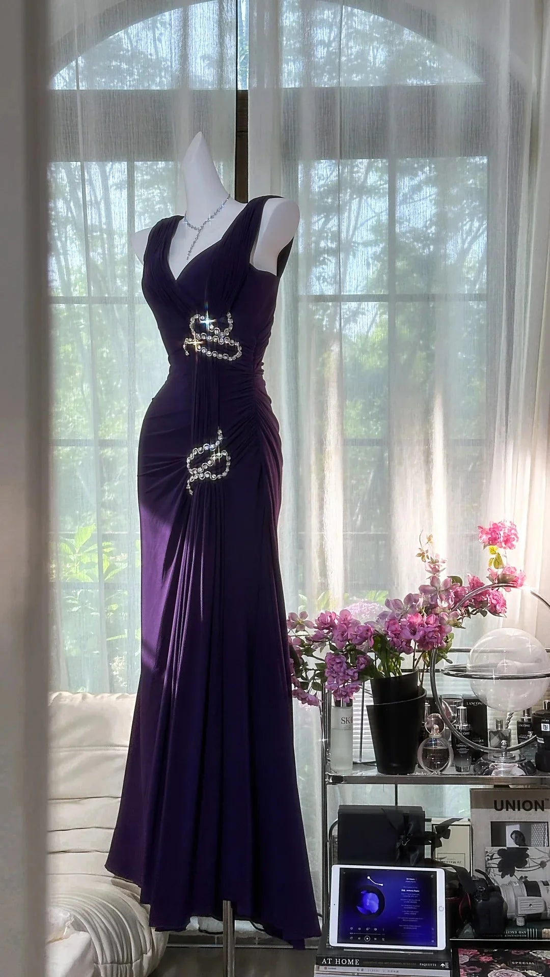 Elegant Purple Chiffon With Beaded V Neck Strapless Long Prom Dress Purple Evening Dress