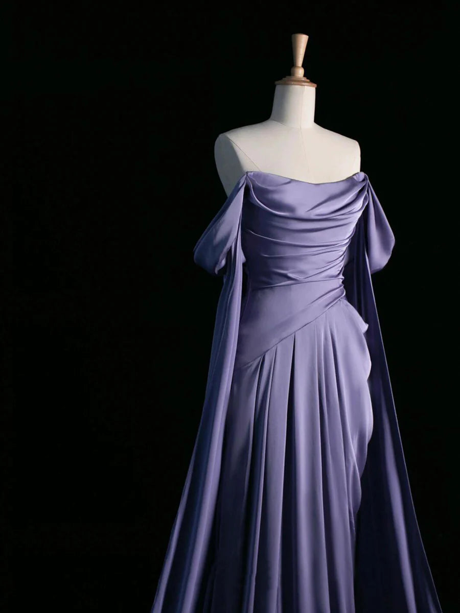 Elegant Purple Draped Bodice Satin With Drag Long Prom Dress Formal Party Dress