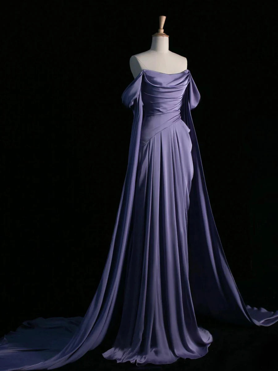 Elegant Purple Draped Bodice Satin With Drag Long Prom Dress Formal Party Dress