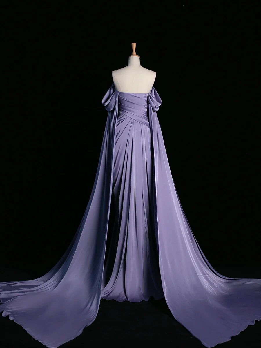 Elegant Purple Draped Bodice Satin With Drag Long Prom Dress Formal Party Dress
