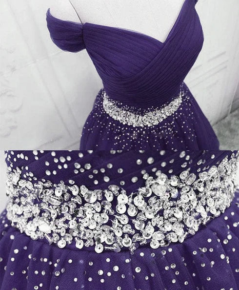 Elegant Purple Off Shoulder Knee Length Beaded Tulle Homecoming Dress Prom Dress