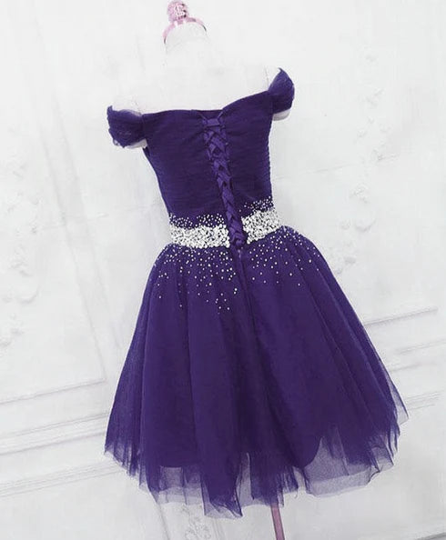 Elegant Purple Off Shoulder Knee Length Beaded Tulle Homecoming Dress Prom Dress