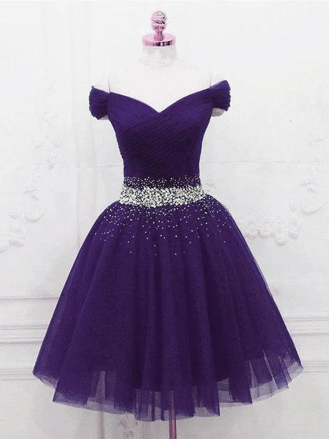 Elegant Purple Off Shoulder Knee Length Beaded Tulle Homecoming Dress Prom Dress