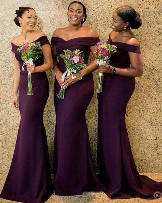 Elegant Purple Off The Shoulder Mermaid Bridesmaid Dress prom Dresses Evening Gown