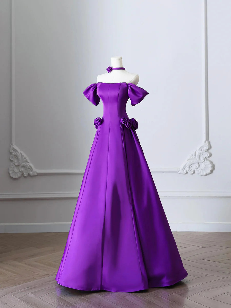 Elegant Purple Satin Flowers Back Lace-up A-Line Long Prom Dress Evening Party Dress