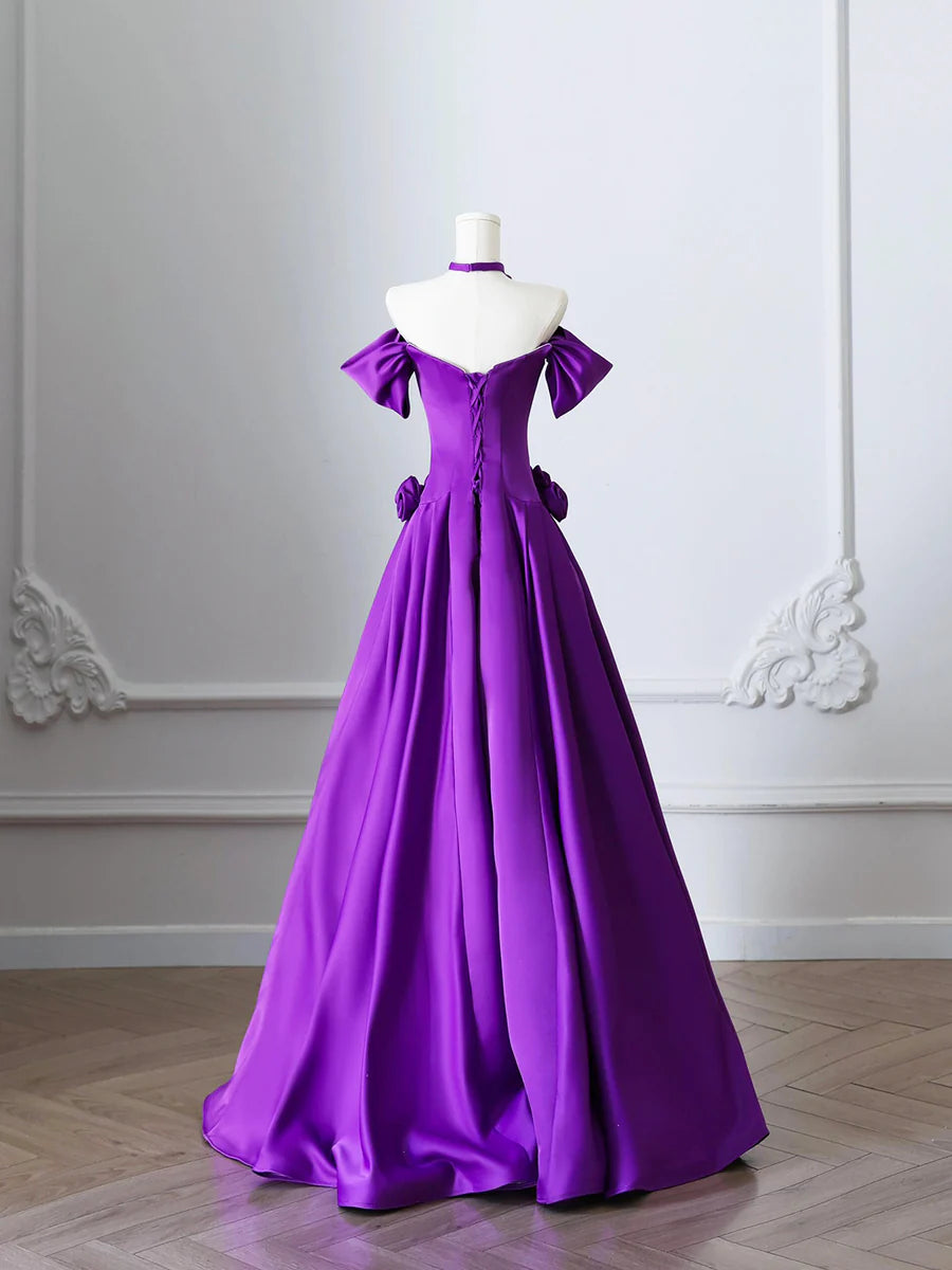 Elegant Purple Satin Flowers Back Lace-up A-Line Long Prom Dress Evening Party Dress
