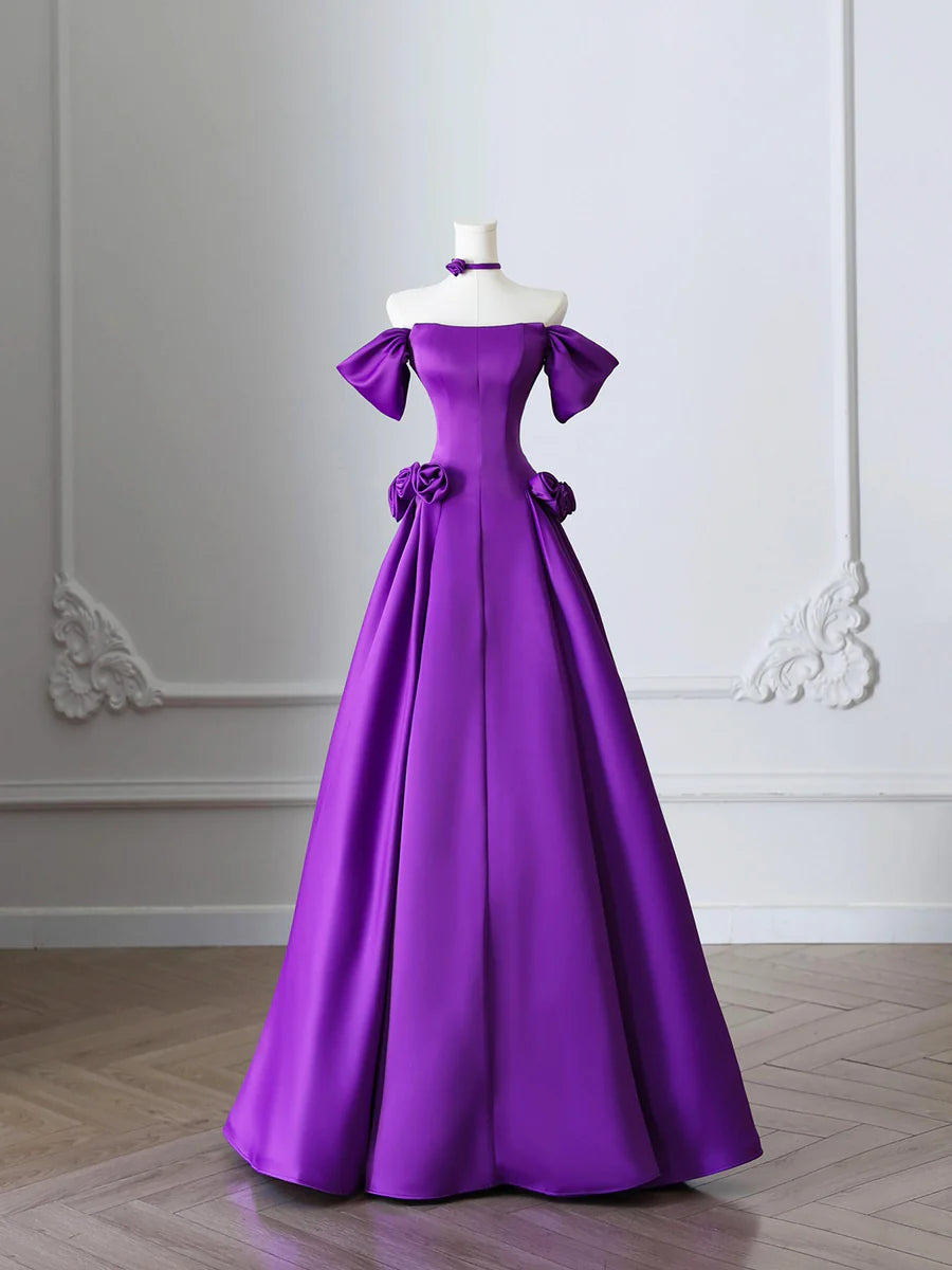 Elegant Purple Satin Flowers Back Lace-up A-Line Long Prom Dress Evening Party Dress