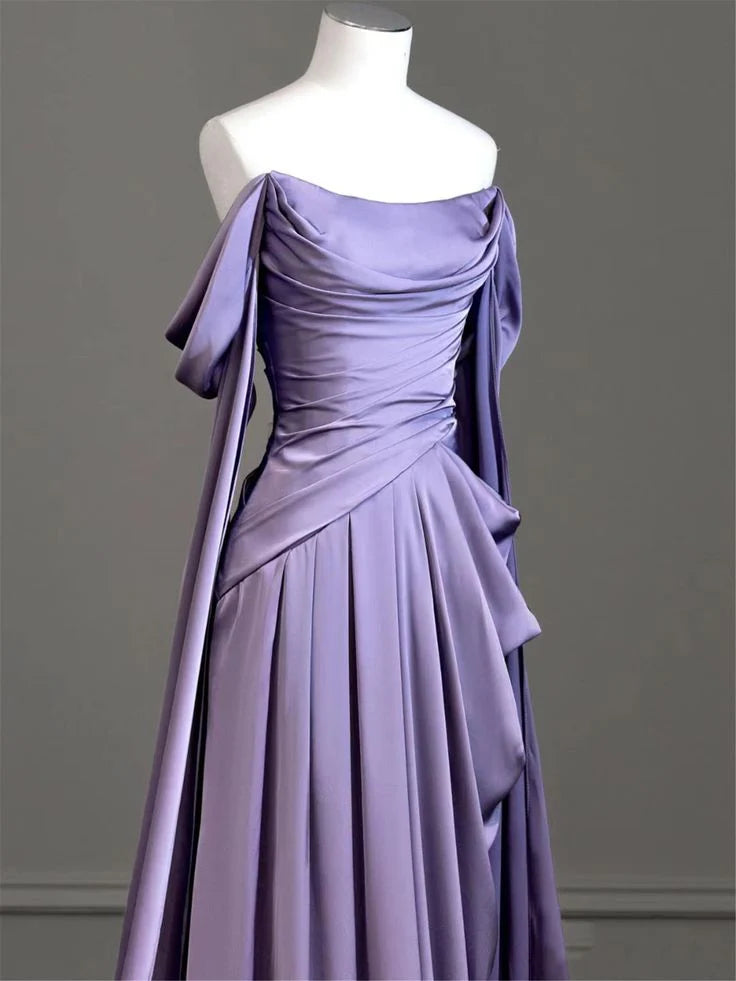 Elegant Purple Satin Pleated Prom Dress Draped Bodice Formal Party Dress With Streamer