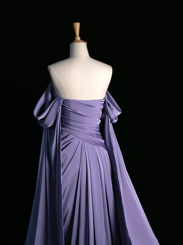 Elegant Purple Satin Pleated Prom Dress Draped Bodice Formal Party Dress With Streamer