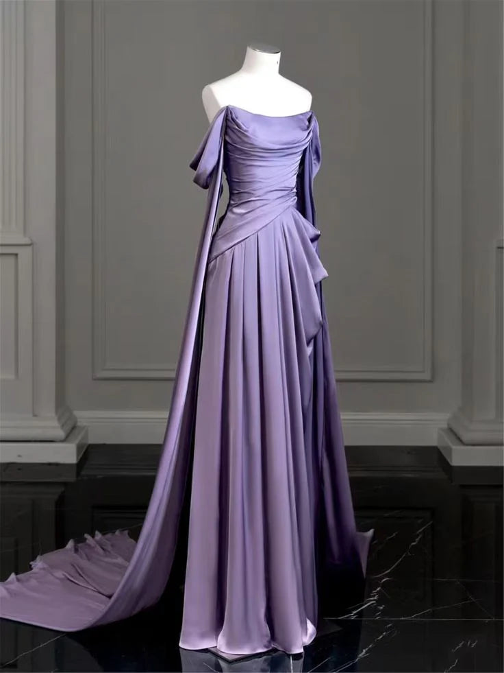 Elegant Purple Satin Pleated Prom Dress Draped Bodice Formal Party Dress With Streamer