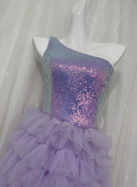 Elegant Purple Sequin Tulle Layered One Shoulder Slit Long Prom Dress Discount Long Party Dresses For Ladies
