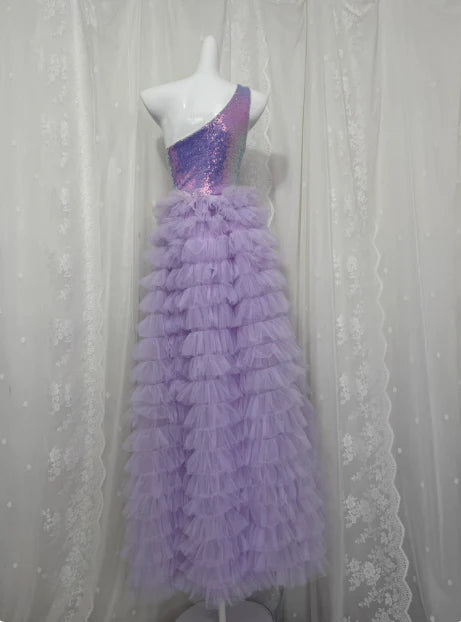 Elegant Purple Sequin Tulle Layered One Shoulder Slit Long Prom Dress Discount Long Party Dresses For Ladies