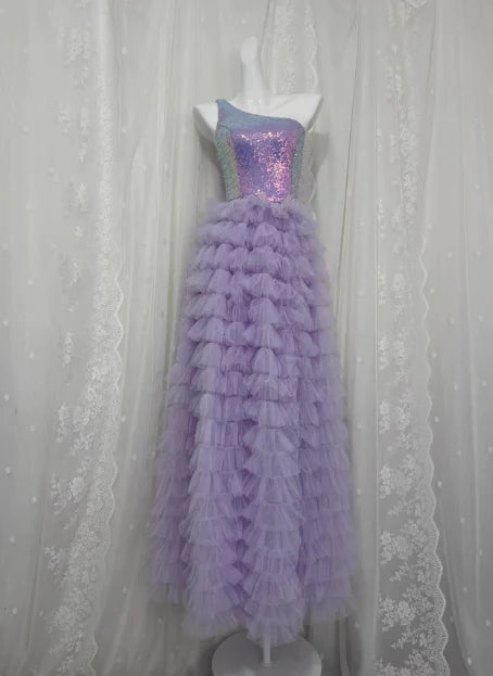 Elegant Purple Sequin Tulle Layered One Shoulder Slit Long Prom Dress Discount Long Party Dresses For Ladies