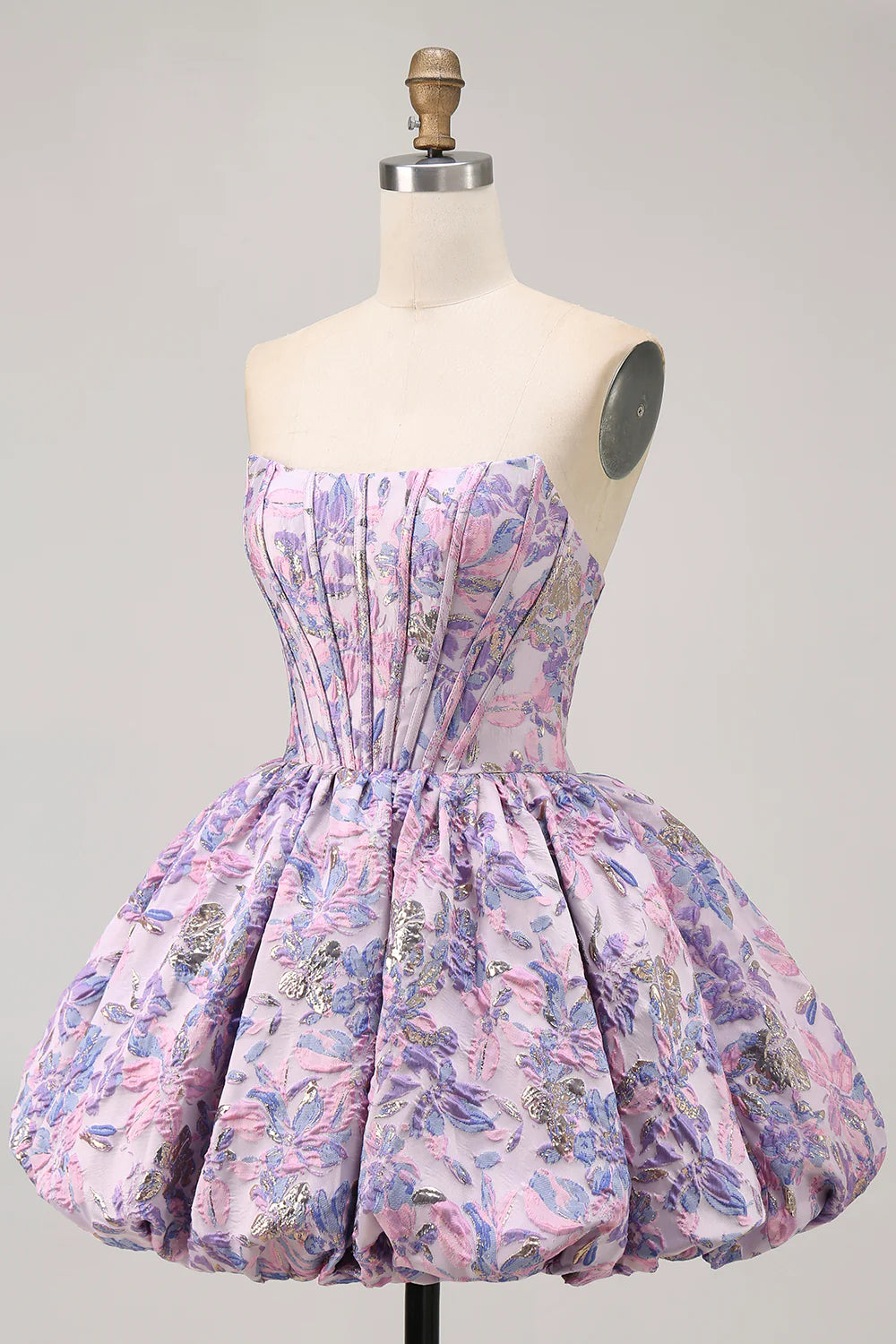 Elegant Purple Strapless Floral Brocade A Line Corset Zipper Back Short Homecoming Dress